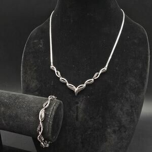 CU Black Silver Tone Diamond Chip Accent Bracelet Necklace Jewelry Set